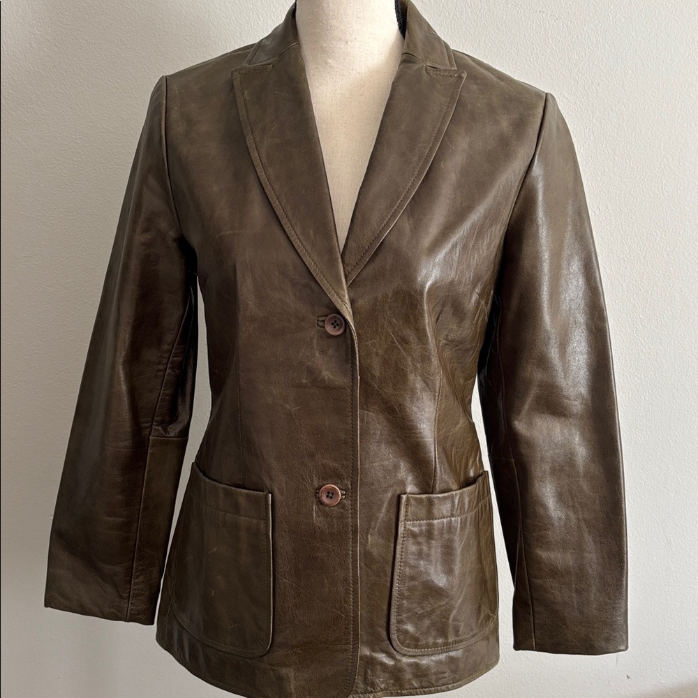 GAP Y2K Leather Blazer Jacket, Olive Green, Size XS